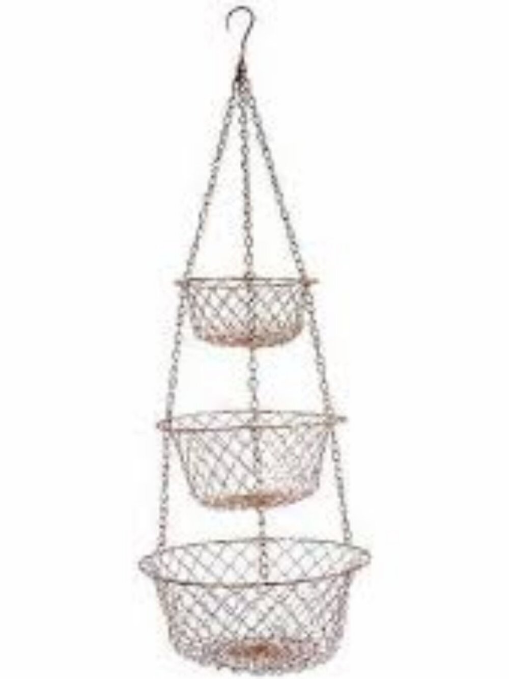 3 TIER RED BRASS/PINK COLLAPSIBLE HANGING FRUIT BASKET VINTAGE